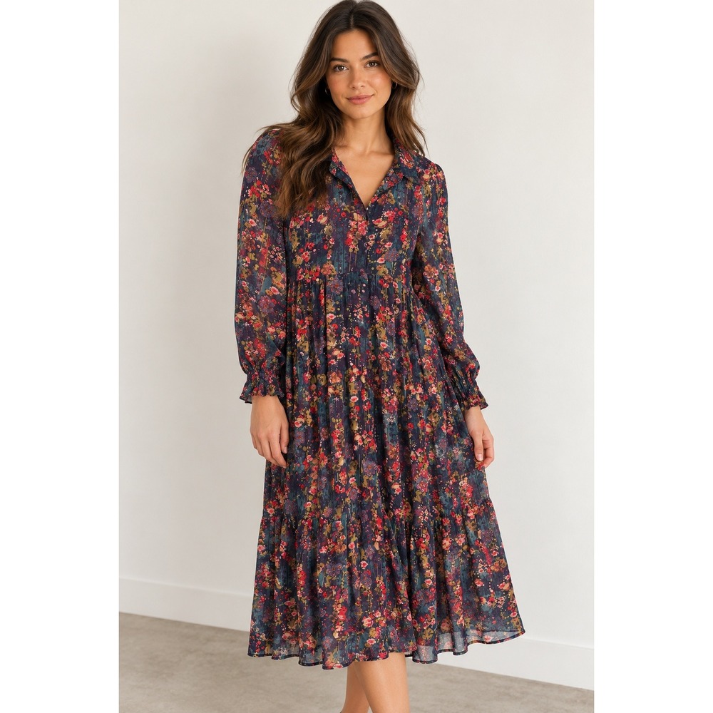 NATURAL LIFE | Rebecca Midi Dress Womens Size M Navy Floral Boho Tiered Pockets